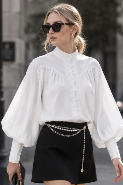 Women's White Lantern Sleeve Blouse with Stand Collar