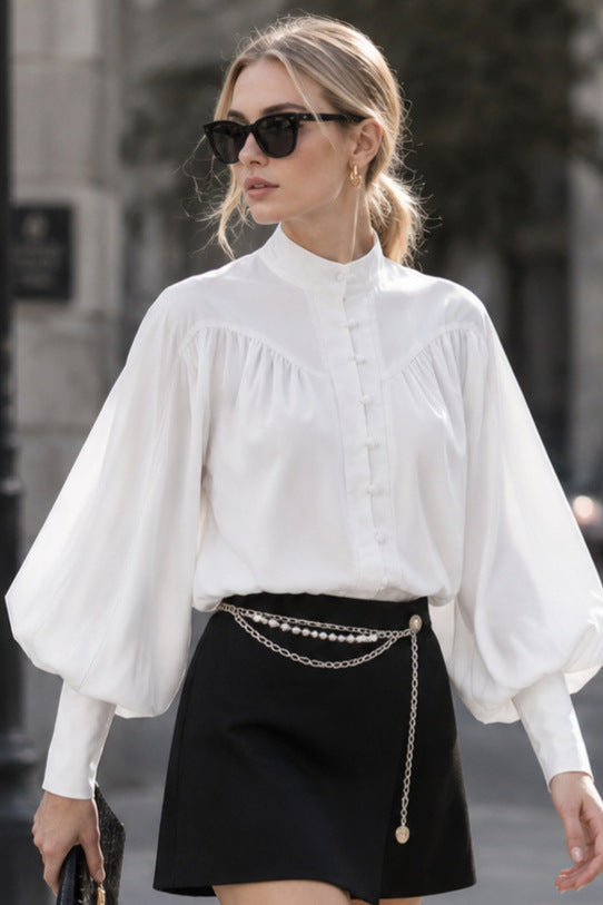 Women's White Lantern Sleeve Blouse with Stand Collar