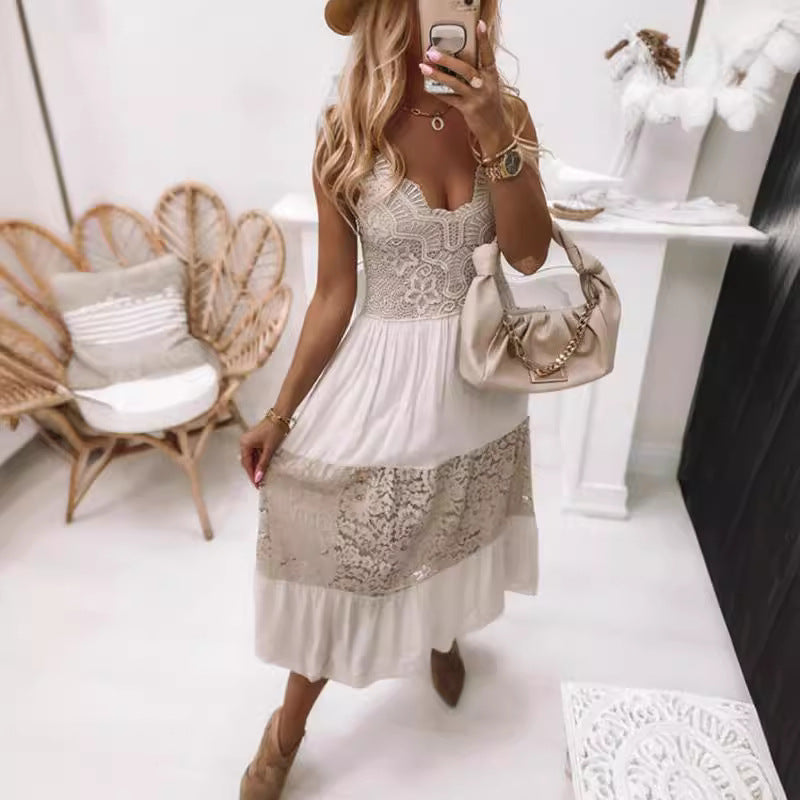 Sleeveless lace-panel embroidery maxi dress - white