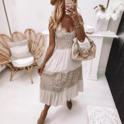 Sleeveless lace-panel embroidery maxi dress - white