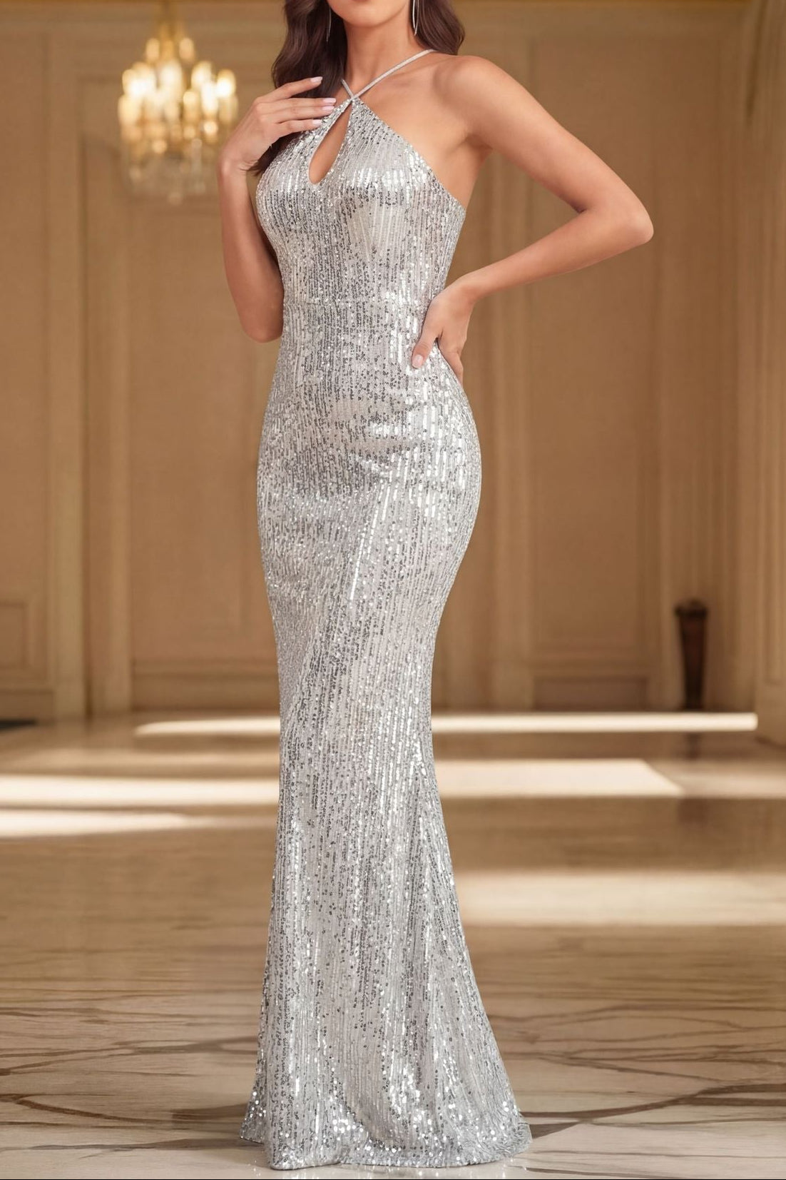 silver sequins halterneck open back dress