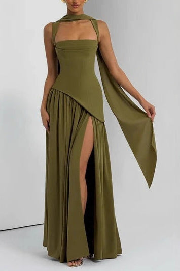 green slim strap open back streamer dress