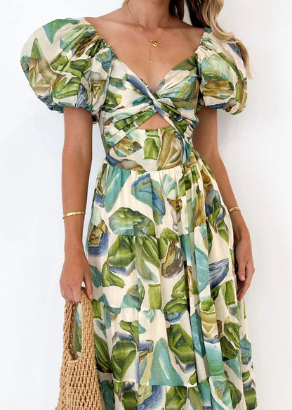 Printed puff-sleeve maxi dress with full flared skirt