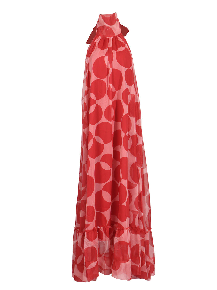 Backless halter neck sleeveless full skirt ruffle dress