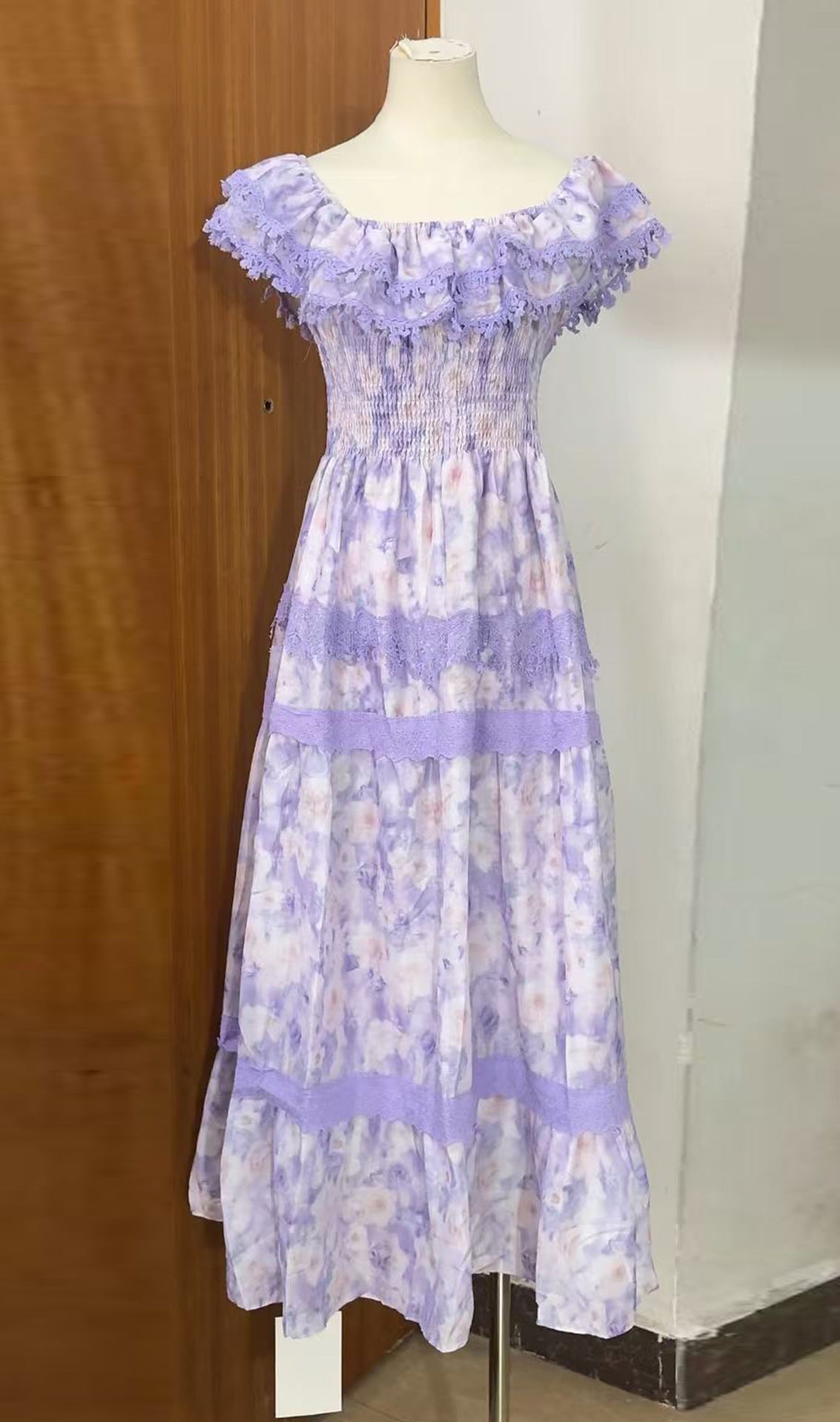 printed lace patchwork off-shoulder ruffle maxi dress - purple