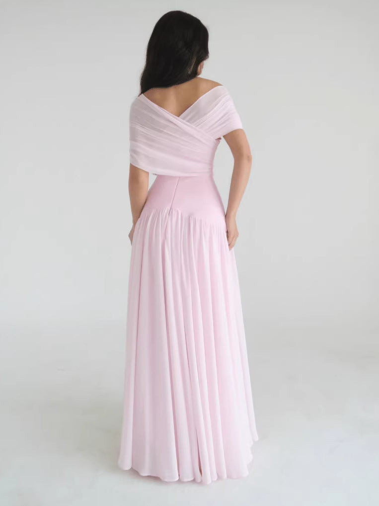 off-shoulder Criss-cross design ruched maxi dress in pink