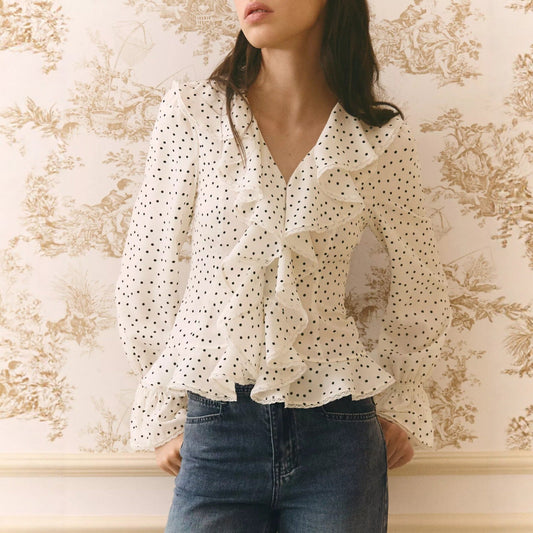 French-style polka dot shirt with ruffles