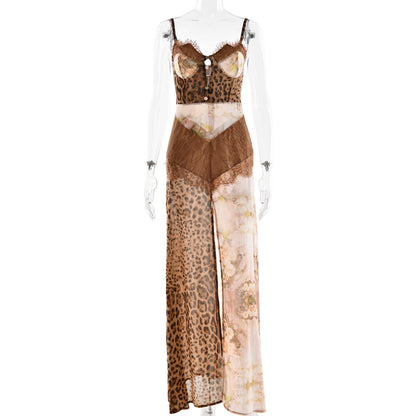 brown suspender slit bandeau chiffon dress