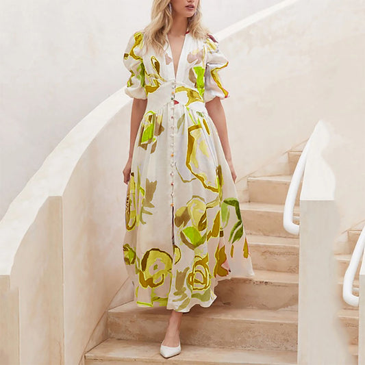 Watercolor Floral Printed Puff Sleeve Button Maxi Dress