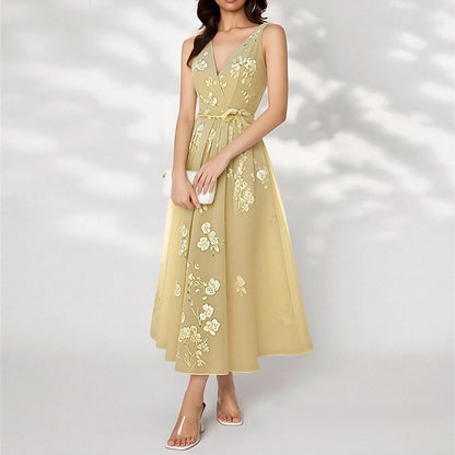 yellow V-Neck Print Lace-up Sleeveless Dress