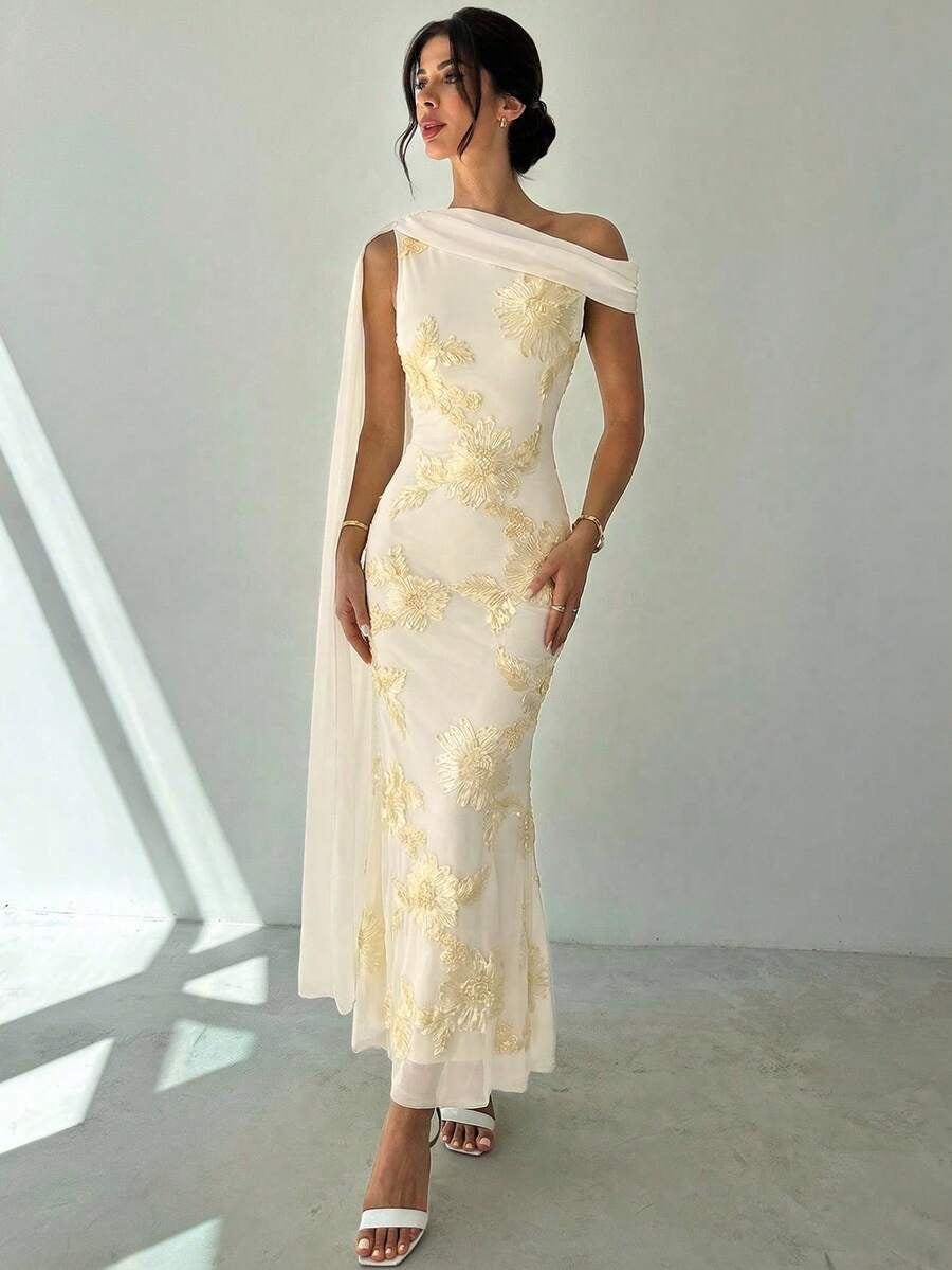 apricot three-dimensional floral hip hugging sloping shoulder streamer maxi dress