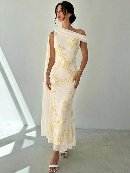 apricot three-dimensional floral hip hugging sloping shoulder streamer maxi dress