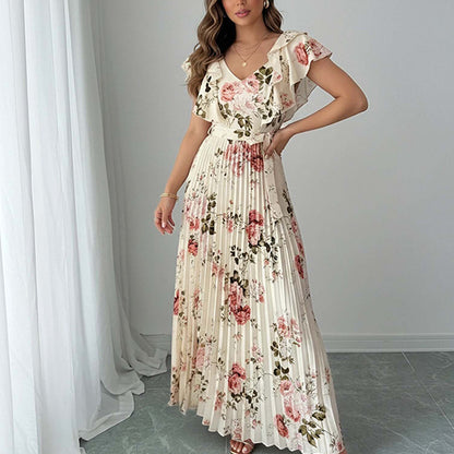 floral print ruffle sleeve V-neck pressed pleated long dress