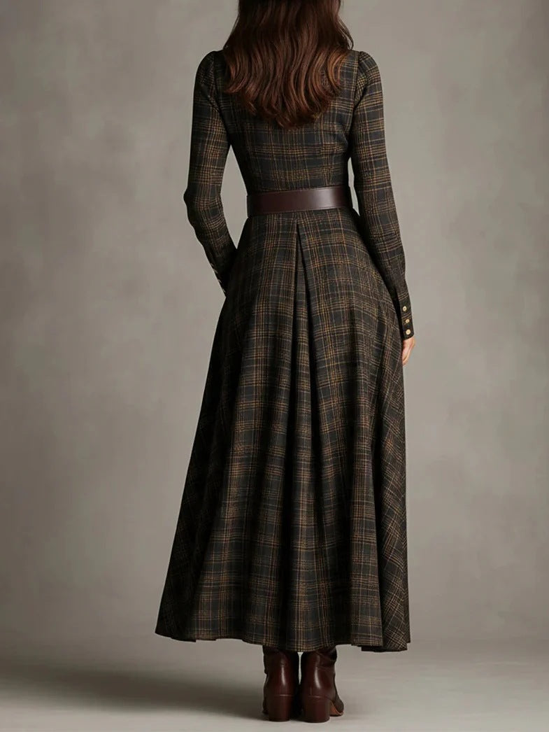 long sleeve printed lapel elastic cinched maxi dress