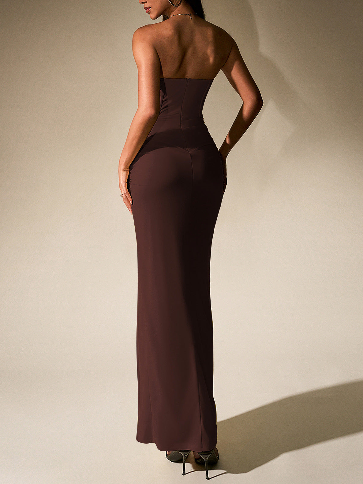 brown mesh open back herring bone bandeau high slit dress