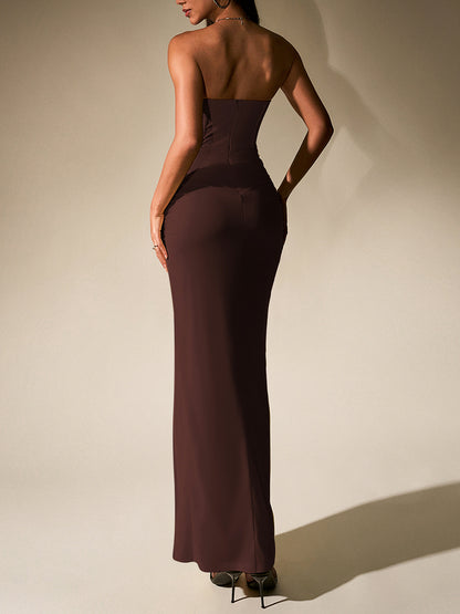 brown mesh open back herring bone bandeau high slit dress