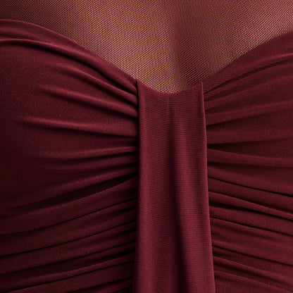red wine mesh high neck sleeveless splicing pleated dress