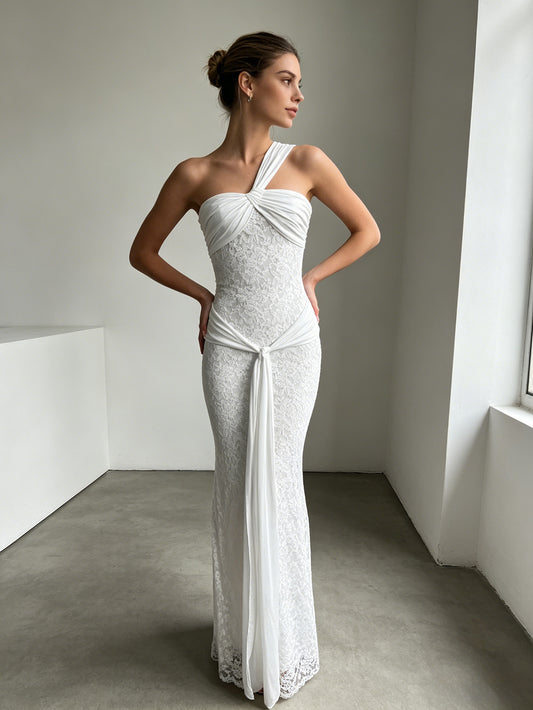 white slanted shoulder strap lace dress