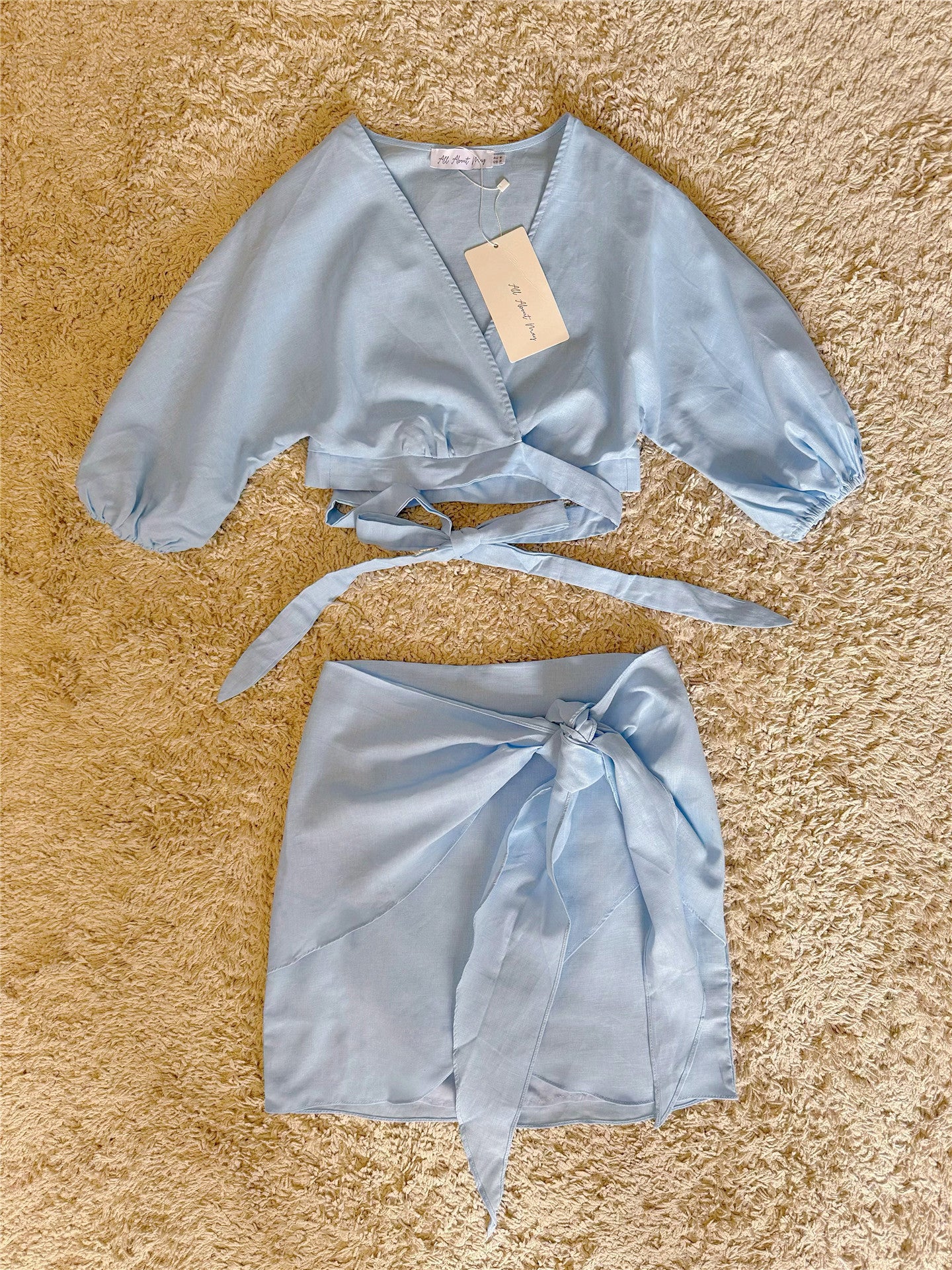 blue wrap-up bat sleeve cotton-linen set two-piece set