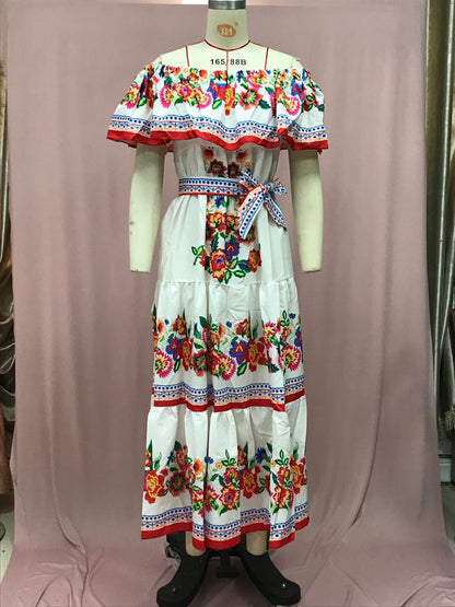 Off-shoulder printed maxi dress with a full skirt
