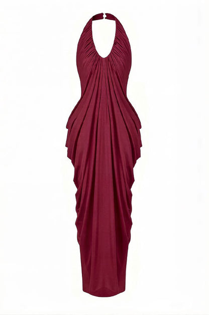 red halterneck V-neck backless pleated dress