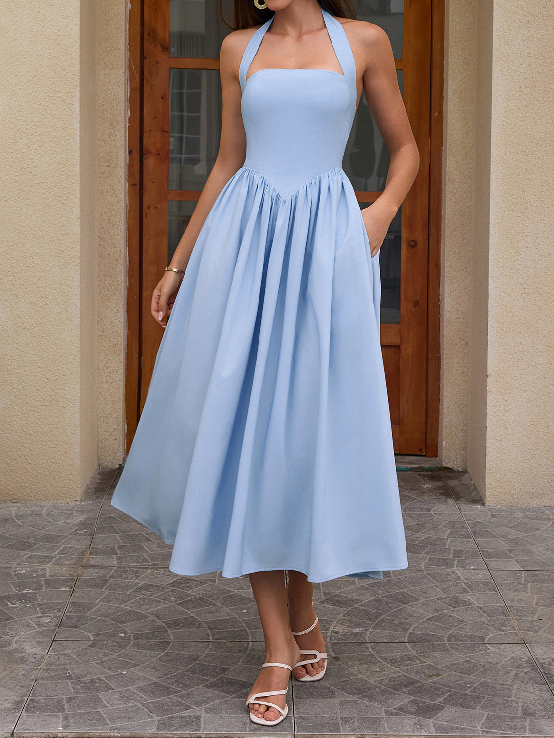 blue halterneck strap backless midi dress