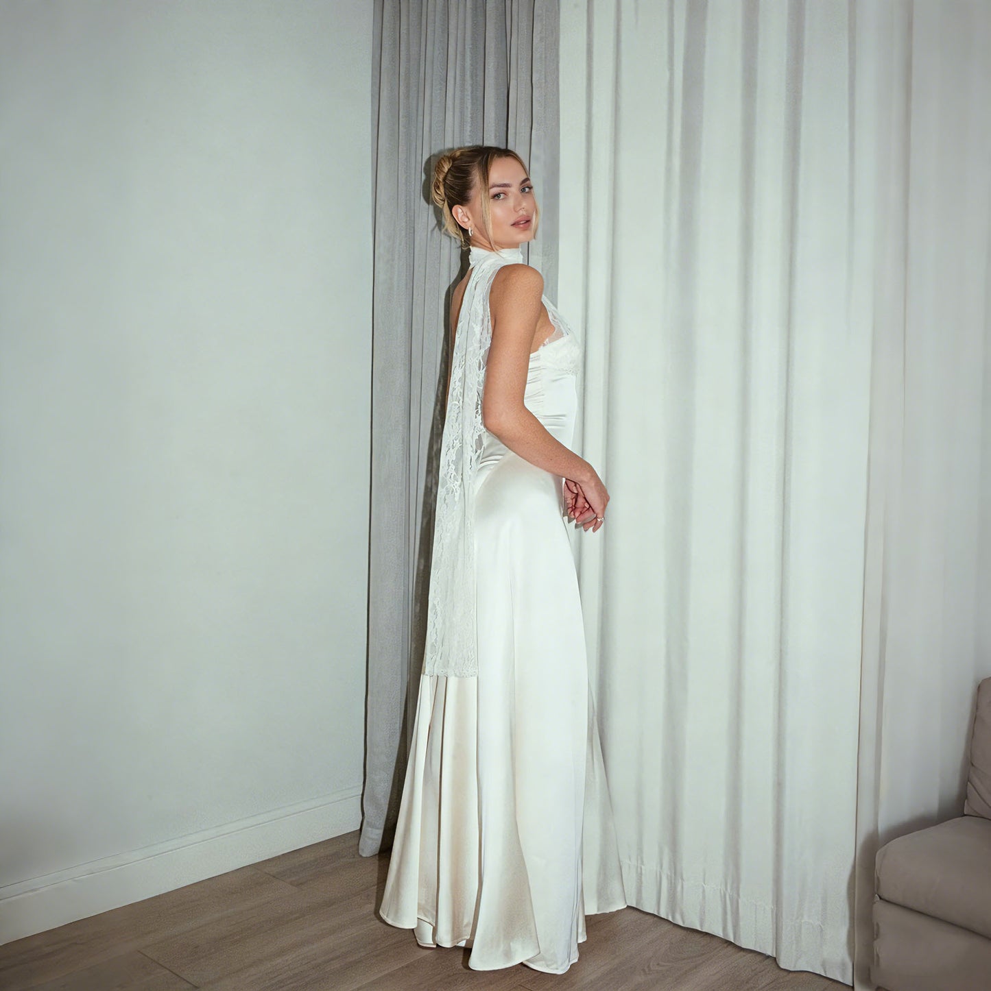 white halterneck lace patchwork satin dress