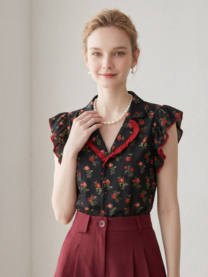 Red Rose Floral Ruffle Trim Sleeveless Shirt