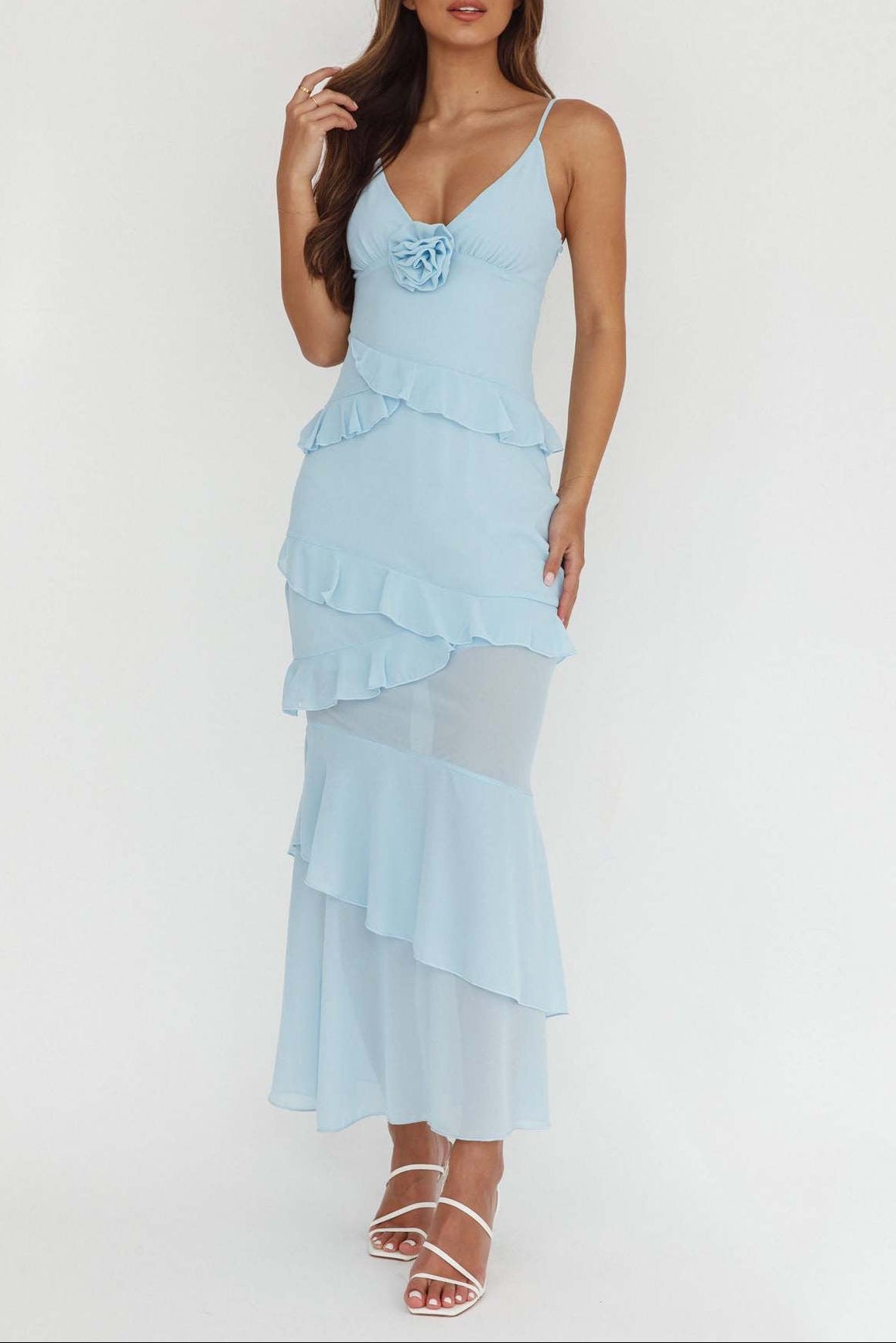 blue backless suspender ruffled dress