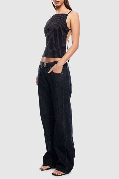 Black Vertical Pattern Backless Suspender Top