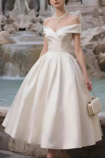 Sharon White Off Shoulder Satin Midi Wedding Dress