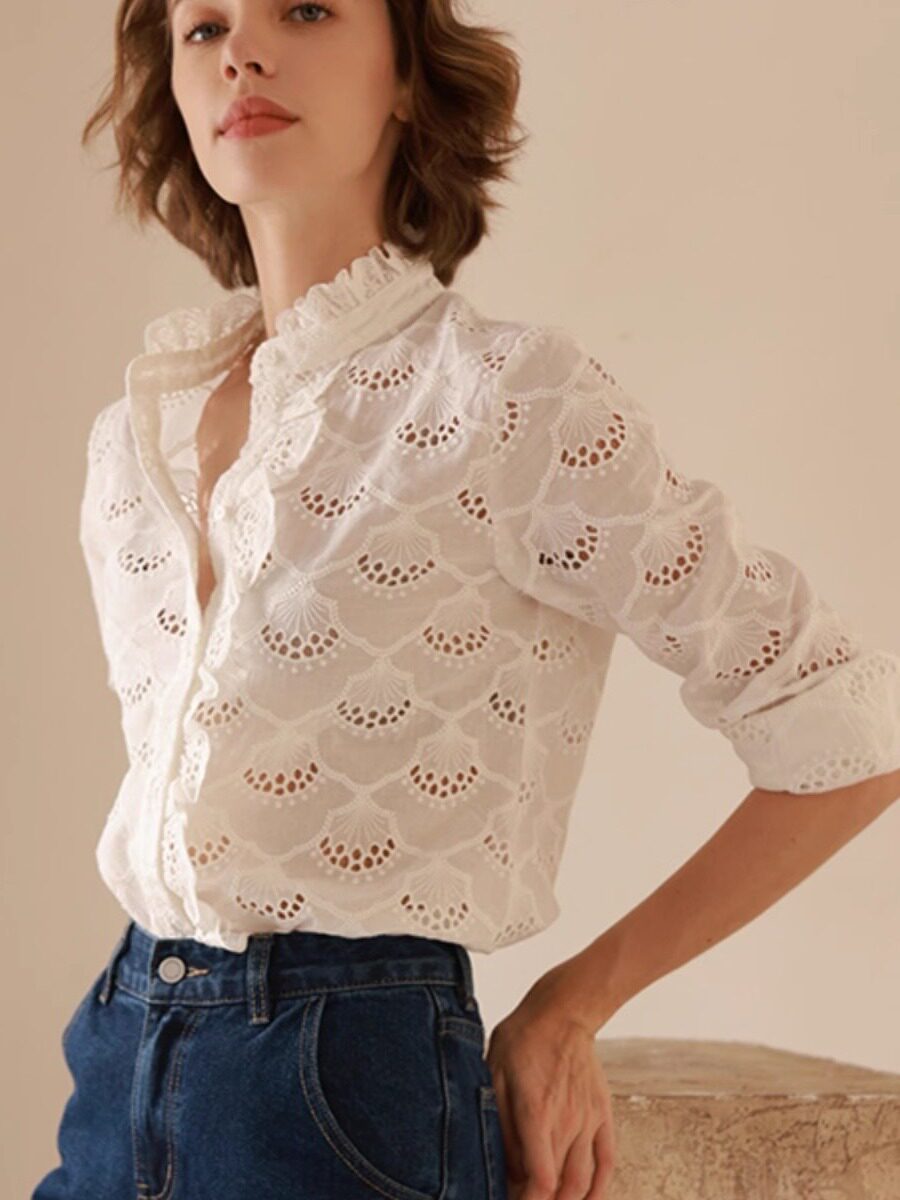 White Embroidered Hollow Ruffle Stand Collar Single-Breasted  Shirt