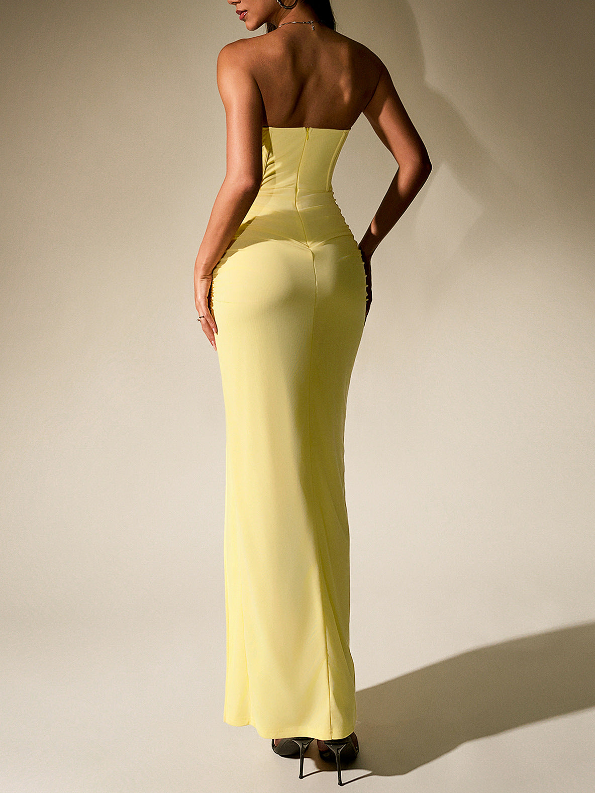 yellow mesh open back herring bone bandeau high slit dress