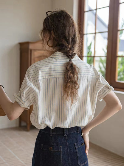 striped texture cotton-linen short collar shirt