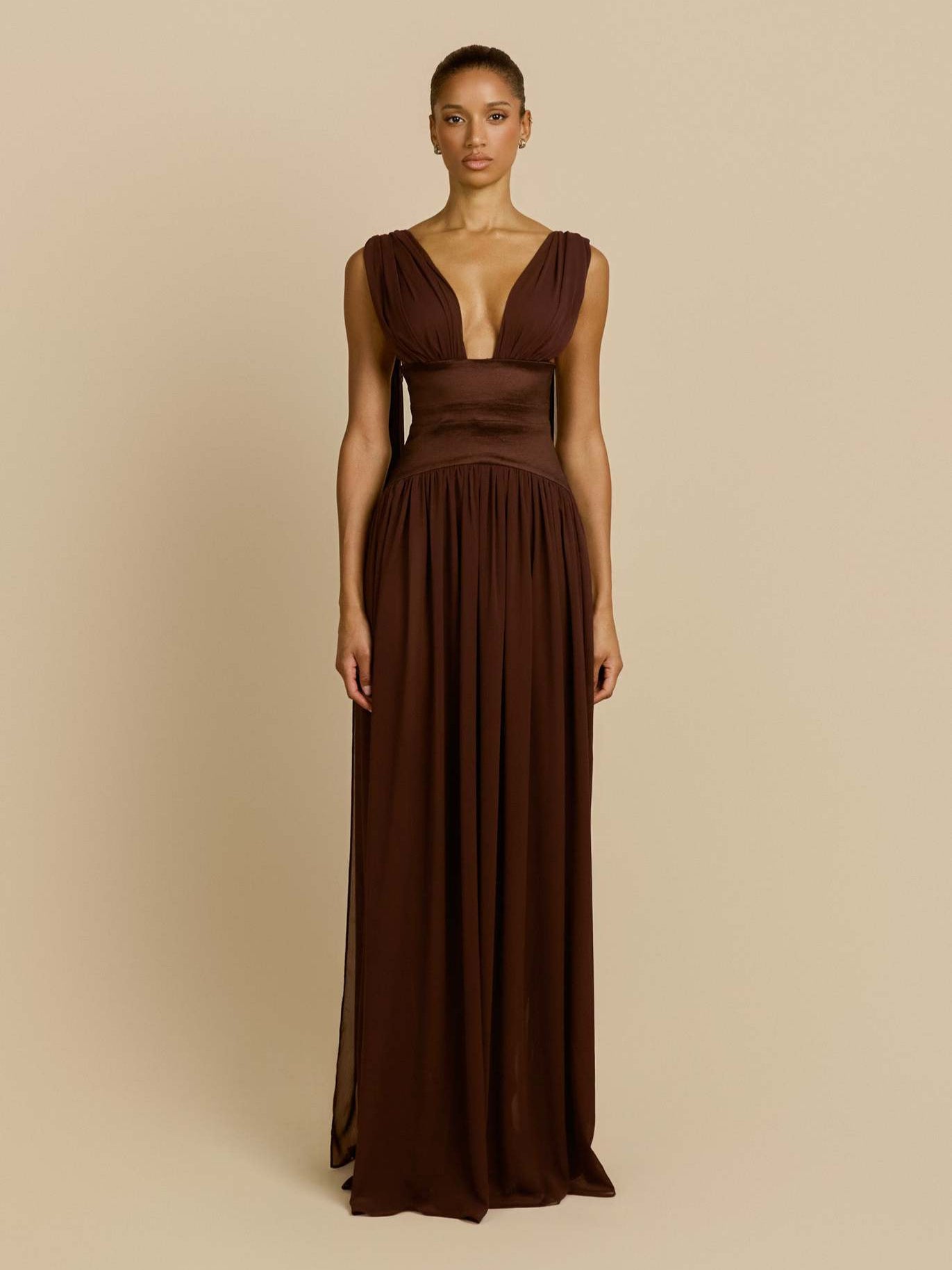 brown swing pleated waist maxi dress