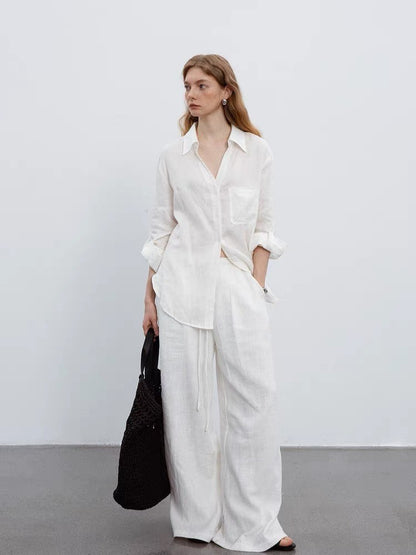 white V-neck linen long-sleeved shirt