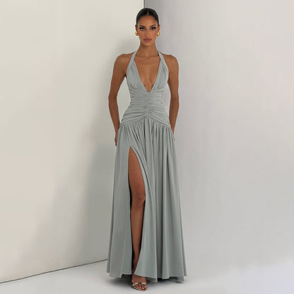 green halterneck slim back dress