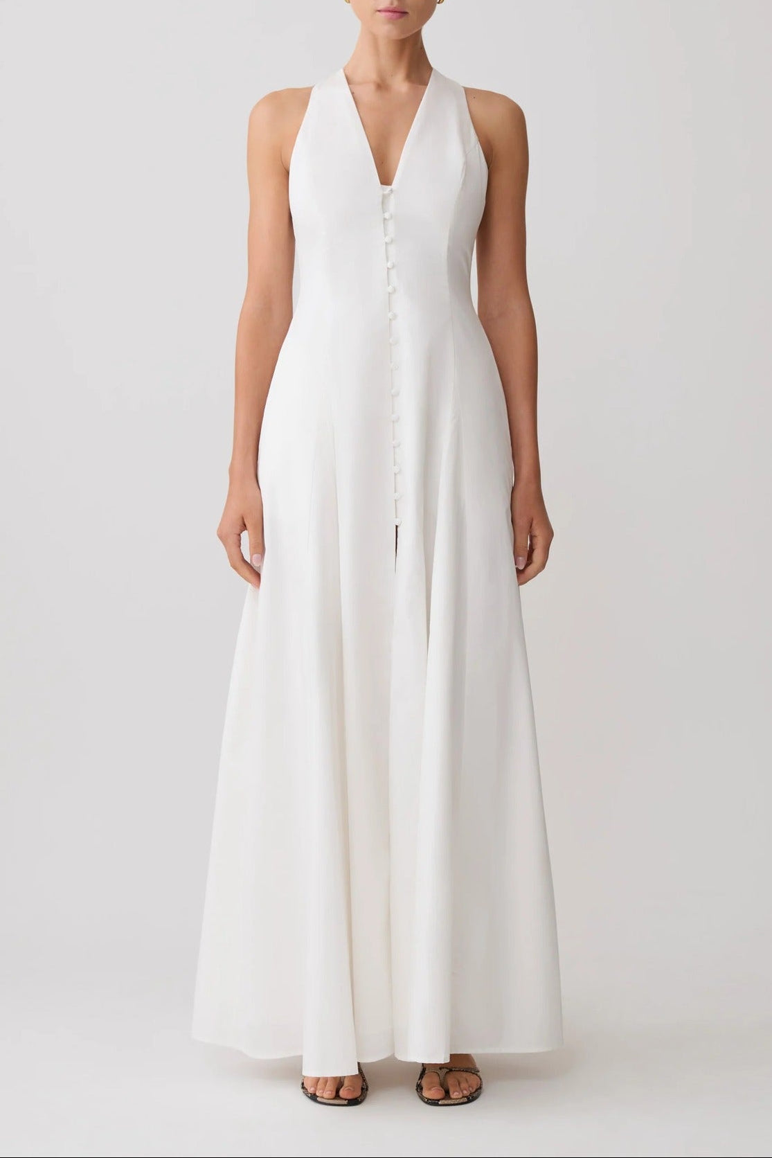 white V-neck slit skirt dress