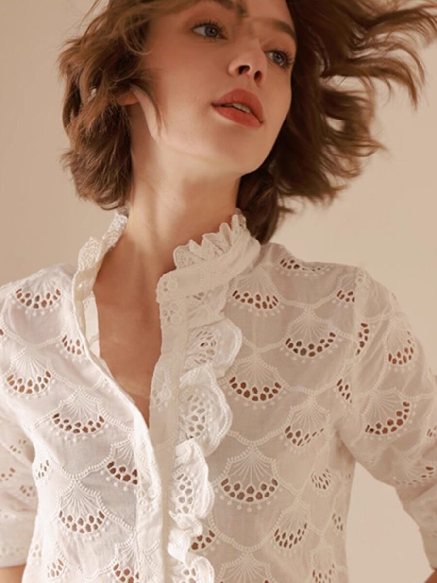White Embroidered Hollow Ruffle Stand Collar Single-Breasted  Shirt