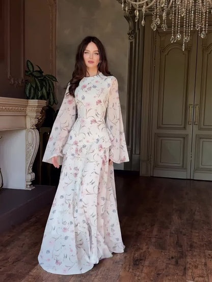 white floral long-sleeved maxi dress