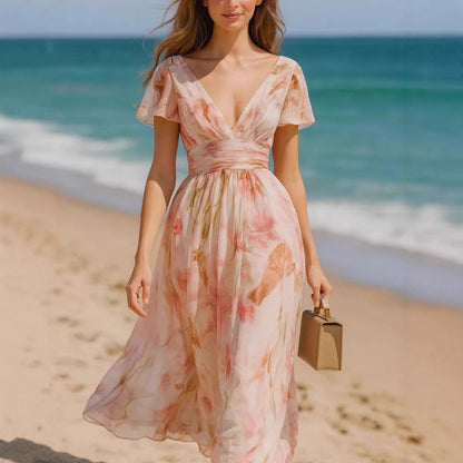 Deep V Ruffle Sleeve Watercolor Floral Chiffon Maxi Dress