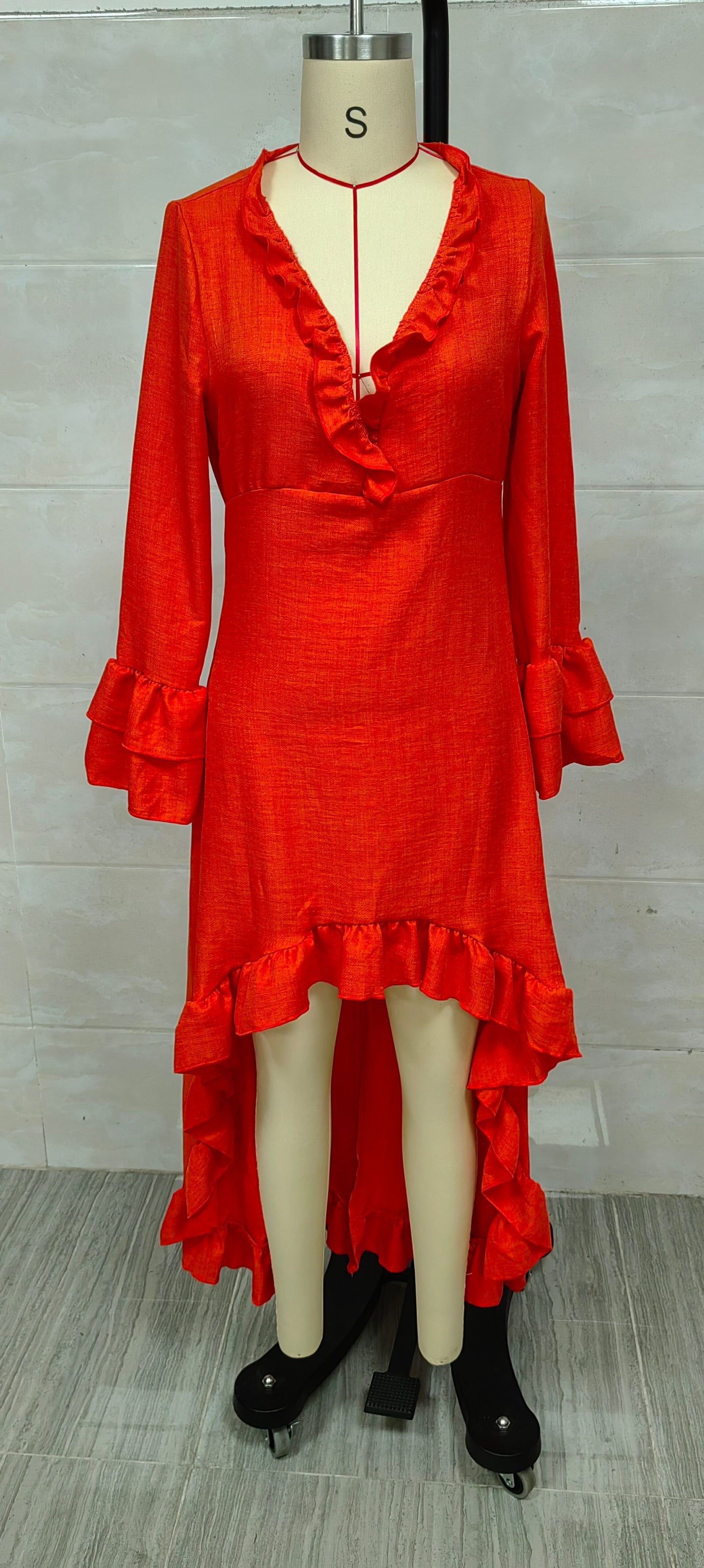 Bohemian-style ruffled asymmetrical V-neck maxi dress