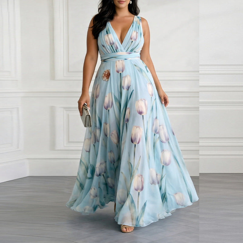 blue Print Waist Cinching V-Neck Dress