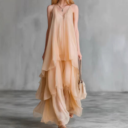 Flowy layered sleeveless slip tulle midi dress