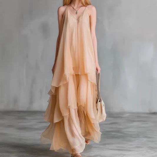 Flowy layered sleeveless slip tulle midi dress