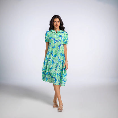 print ruffle-sleeve midi dress - green