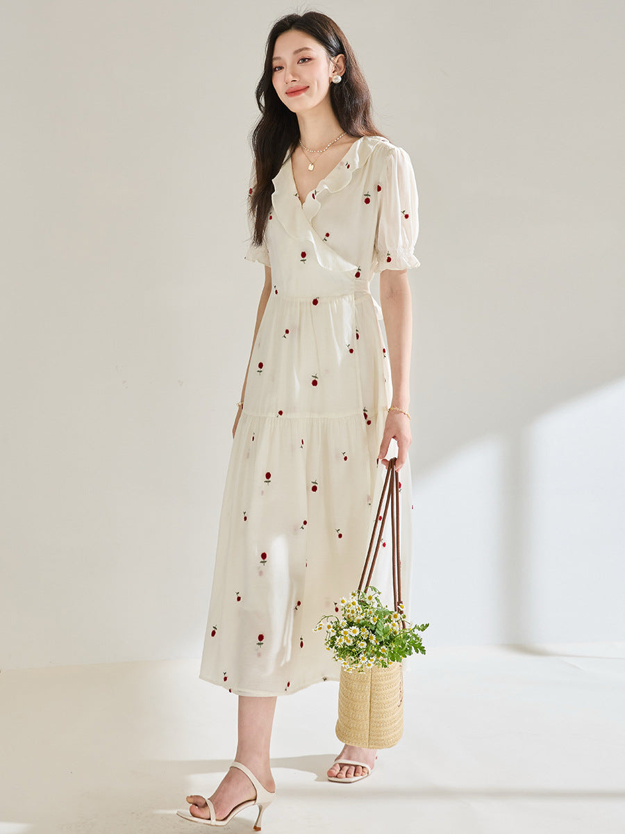 3D Embroidered V-neck Ruffled maxi Dress - white
