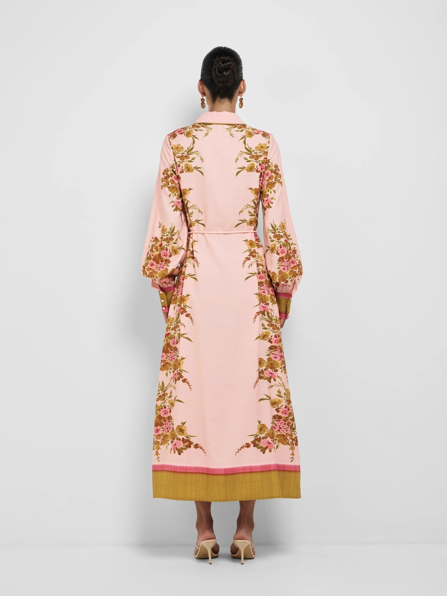 Border Trim Floral Print Belted Shirt Midi Dress