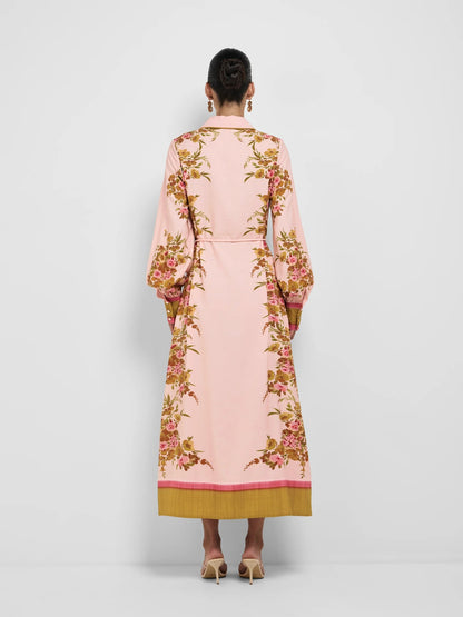 Border Trim Floral Print Belted Shirt Midi Dress