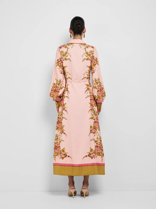 Border Trim Floral Print Belted Shirt Midi Dress